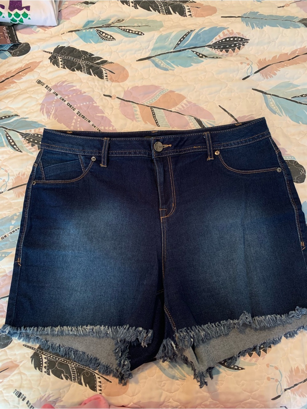 Dark Blue Women's Denim Jean Shorts with Frayed Hem
